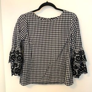 JCrew Ruffle Eyelet Sleeve Gingham Top